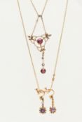 A GARNET AND SPLIT PEARL LAVALIER PENDANT NECKLACE AND A PAIR OF EARRINGS, the open work pendant set