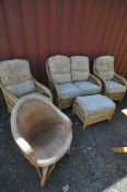 A RATTAN FOUR PIECE CONSERVATORY SUITE, comprising a two seater sofa, length 121cm x depth 90cm x