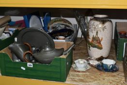 TWO BOXES AND LOOSE NAMED CERAMICS to include a box of pewter items from named manufacturers