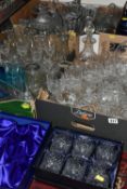 THREE BOXES AND LOOSE ASSORTED GLASSWARE to include a large quantity of crystal cut wine and
