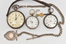 THREE POCKET WATCHES AND A SILVER ALBERT CHAIN, the first a manual wind, open face 'Smith' pocket