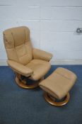 AN EKORNES STRESSLESS CARAMEL LEATHER UPHOLSTERED SWIVEL RECLINING ARMCHAIR, width 74cm x depth 66cm