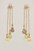 A PAIR OF YELLOW METAL GEM SET DROP EARRINGS, each post set with a small cluster of single cut