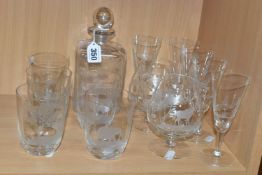 A ROWLAND WARD DECANTER AND GLASSES, WITH SIMILAR, comprising a square decanter, engraved on all