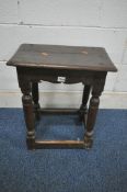 A GEORGIAN AND LATER OAK JOINT STOOL, with possible later apron, raised on block and turned legs,
