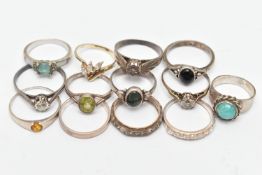 THIRTEEN RINGS, to include a moss agate cabochon ring, a small diamond ring in a star setting, a