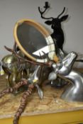 A GROUP OF LARGE ORNAMENTS, comprising two wooden 'Trojan' horses, one painted silver, the other