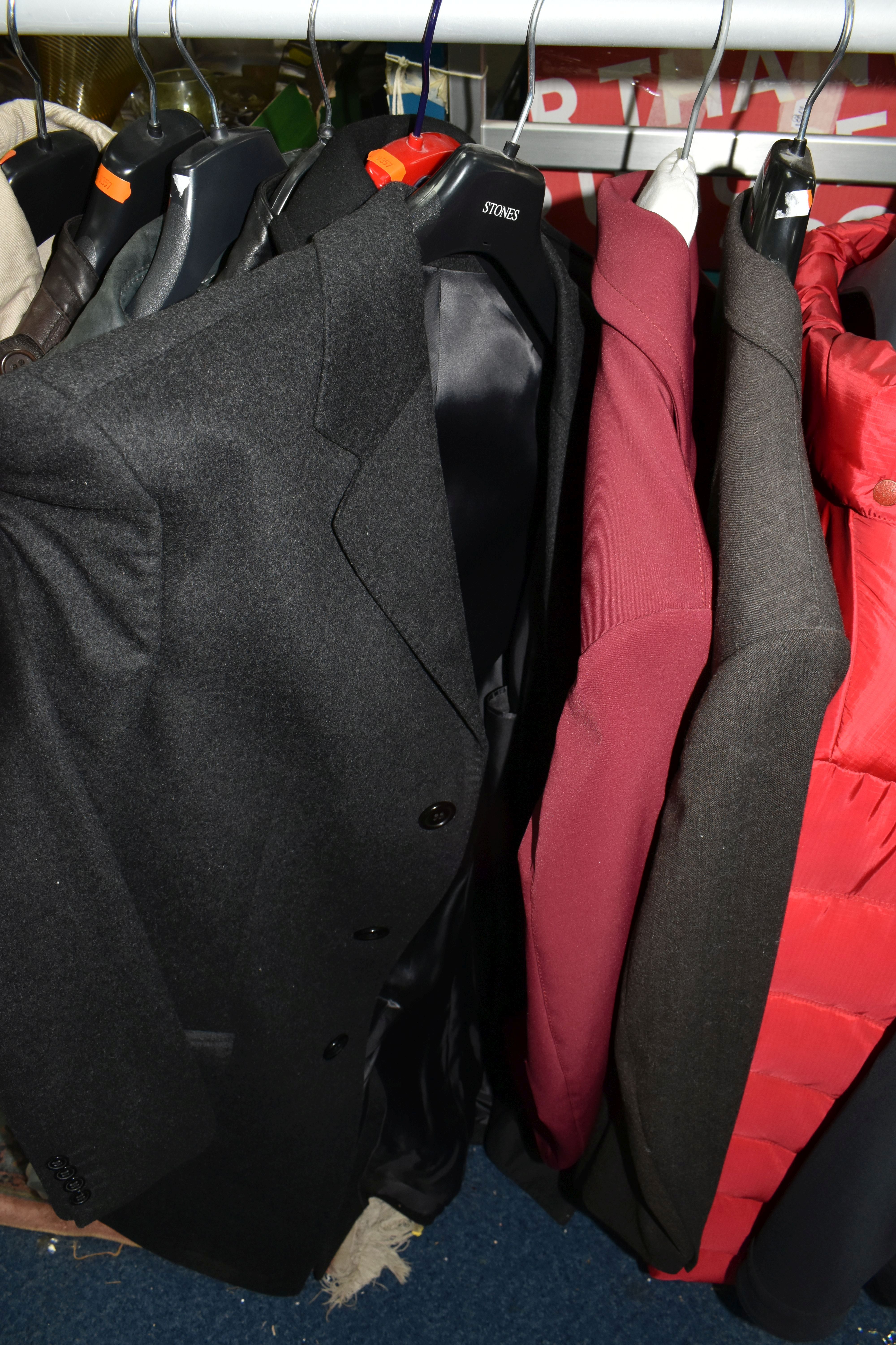 A SMALL CLOTHES RAIL AND A GROUP OF GENTLEMEN'S DESIGNER JACKETS AND SUITS, comprising a black - Image 4 of 12