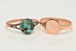 TWO RINGS, the first a rose metal polished signet ring, unmarked, ring size Q, the second a rose