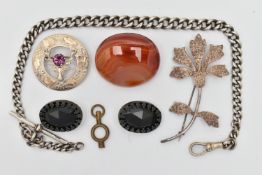A SELECTION OF JEWELLERY, to include an oval agate brooch, a pair of faceted black glass clip