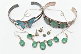 A SELECTION OF MAINLY GEM SET SILVER AND WHITE METAL JEWELLERY, to include two cuff bangles, a