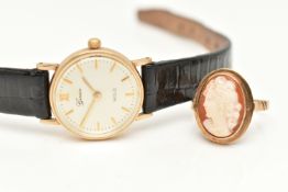 A LADIES 9CT GOLD WRISTWATCH AND A YELLOW METAL CAMEO RING, quartz movement, round silver dial