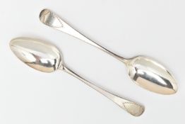 TWO GEORGIAN SILVER TABLE SPOONS, old English pattern spoons with engraved initials to the