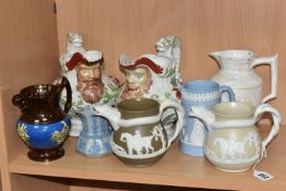 A GROUP OF NINETEENTH CENTURY CERAMICS, comprising two jasperware-style jugs, with spout in the form