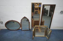 A RECTANGULAR GILT FRAME WALL MIRROR, 120cm x depth 33cm, a rectangular mahogany framed wall mirror,