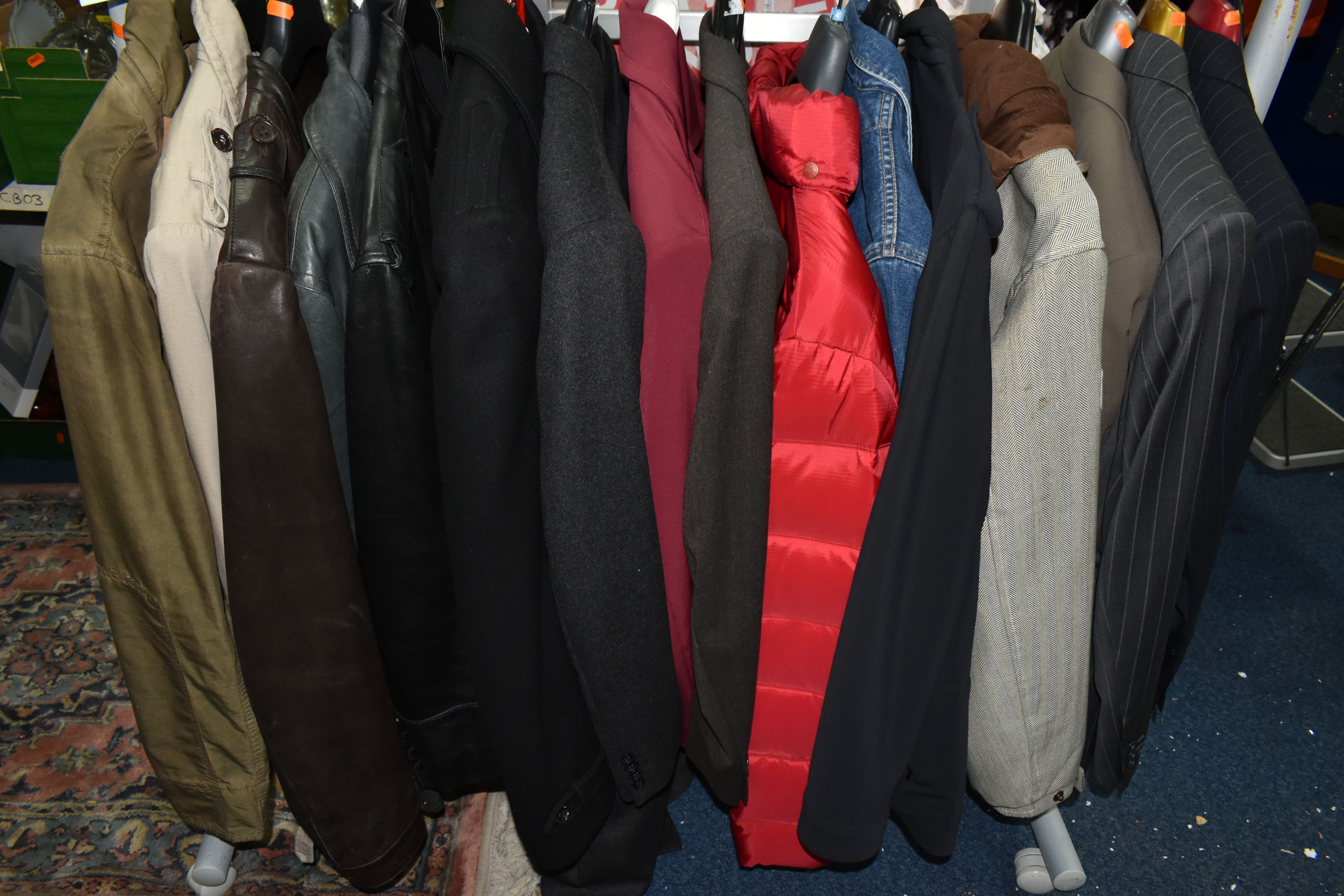 A SMALL CLOTHES RAIL AND A GROUP OF GENTLEMEN'S DESIGNER JACKETS AND SUITS, comprising a black - Image 11 of 12