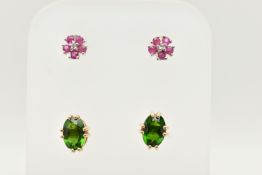 TWO PAIRS OF STUD EARRINGS, the first a pair of yellow metal oval cut green tsavorite garnet stud