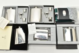 A BOX OF ASSORTED HIP FLASKS, the first a boxed 'English Pewter Company', a stainless steel and