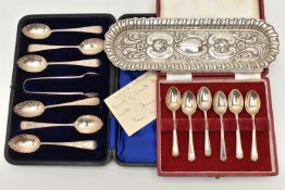 TWO CASED SETS OF SILVER SPOONS AND A TRAY, the first a set of six bright cut pattern teaspoons with