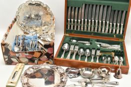 A LARGE 'WALKER & HALL' WOODEN CANTEEN AND OTHER METAL WARE, large light wooden canteen complete