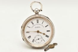 AN EARLY 20TH CENTURY SILVER OPEN FACE POCKET WATCH, key wound, round white dial signed 'The