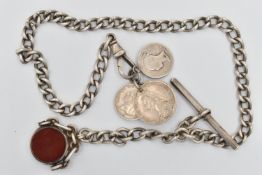 A SILVER ALBERT CHAIN WITH SWIVEL FOB, graduated Albert chain each link stamped with a sterling
