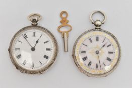 TWO WHITE METAL OPEN FACE POCKET WATCHES, both key wound with Roman numeral dials, decorative