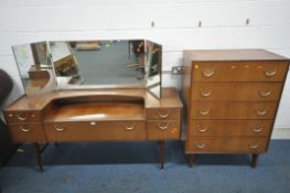 A MID CENTURY TEAK TWO PIECE BEDROOM SUITE, comprising a dressing table, fitted with a triple