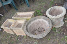A SELECTION OF MODERN COMPOSITE GARDEN PLANTERS including two square, a rectangular brick effect,