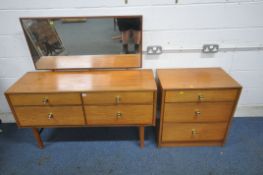 A MID CENTURY TEAK TWO PIECE BEDROOM SUITE, comprising a dressing table, fitted with a single mirror