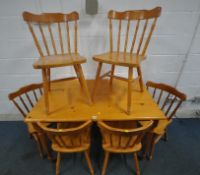 A BEECH RECTANGULAR KITCHEN TABLE, raised on turned legs, length 121cm x depth 76cm x height 78cm,