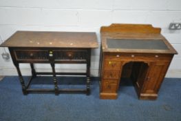 A 20TH CENTURY OAK SIDE TABLE, with two frieze drawers, raised on turned legs, united by stretchers,