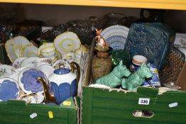 THREE BOXES OF CERAMICS AND GLASSWARE, to include a Royal Doulton 'Kanga and Roo' figurine, a blue