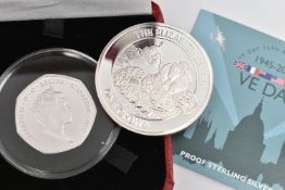 A VE DAY 50P SILVER PROOF COIN, 75th anniversary coin, together with box and 'Pobjoy Mint Ltd
