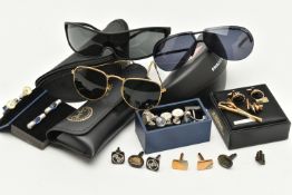 THREE PAIRS OF DESIGNER SUNGLASSES AND A SELECTION OF CUFFLINKS, to include a vintage pair of Ray