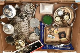 A BOX OF ASSORTED WHITE METAL WARE, to include a 'Smiths Empire' manual wind, base metal pocket