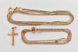 TWO CHAINS AND A CROSS PENDANT, the first a fox tail chain fitted with a spring clasp, hallmarked