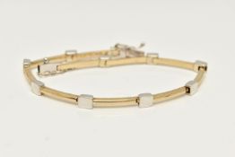 A 9CT GOLD BI-COLOUR ARTICULATED BRACELET, designed as plain polished yellow gold bars interspaced
