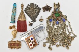 A SELECTION OF ITEMS, to include a pair of circular Delft earrings, a Flying Wing lighter shaped