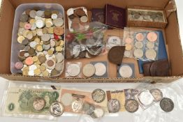 A CARDBOARD BOX CONTAINING COINS ETC, to include a Napoleon III silver medal, approximate gross