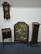 A MAHOGANY TRAY TOP NIGHT STAND, 35cm squared x height 76cm, along with a needlework fire screen,
