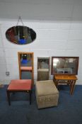 THREE VARIOUS WALL MIRRORS, a dressing table mirror, a dressing stool, a HSL storage stool, along