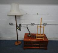 A VINTAGE ANGLE POISE DESK LAMP, a standard lamp, a tv cabinet, and an art easel (condition