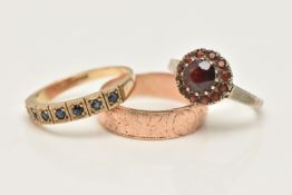 A SELECTION OF THREE RINGS, to include a sterling silver garnet cluster ring (AF), hallmarked
