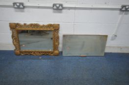 A GILT FRAMED WALL MIRROR, 82cm x 63cm, along with two other mirrors (condition report: teak