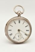 A LATE VICTORIAN SILVER OPEN FACE POCKET WATCH, key wound, round white dial, Roman numerals,