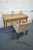 A MODERN SOLID OAK DESK, with three drawers, a brushing slide to each end, raised on square