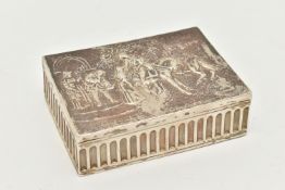 A SILVER EMBOSSED BOX, of rectangular form, embossed street scene with horse and people to the