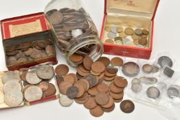 A CARDBOARD BOX CONTAINING MIXED COINS, to include 8 Reals 1817 Ferdinand VII counter stamped (McFie