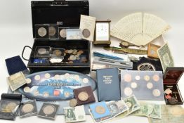 A BOX OF ASSORTED ITEMS, to include a silver fob medal, with vacant cartouche, hallmarked